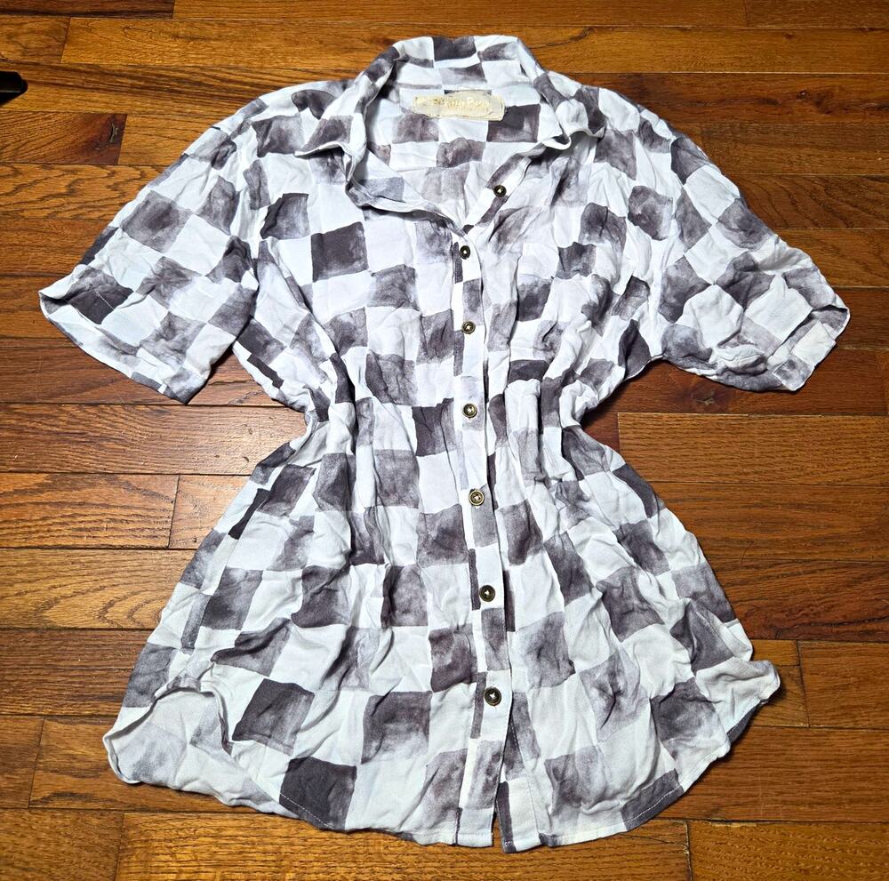 Jen’s Pirate Booty Large Checkered Button Up Shirt Black White Oversized Boho